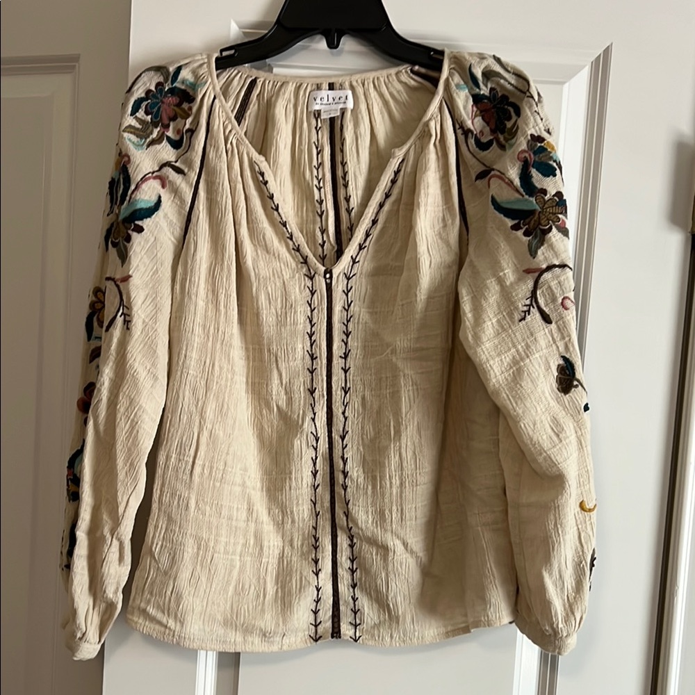 VELVET Cream Embroidered Women's Top